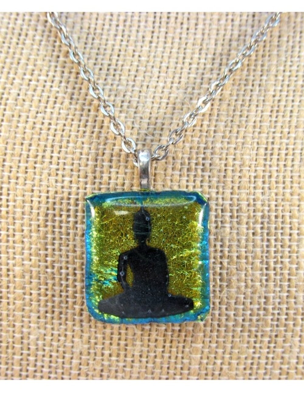 Dichroic Fused Art Glass Buddha Silhouette Pendant Necklace 19.5 Inch Chain